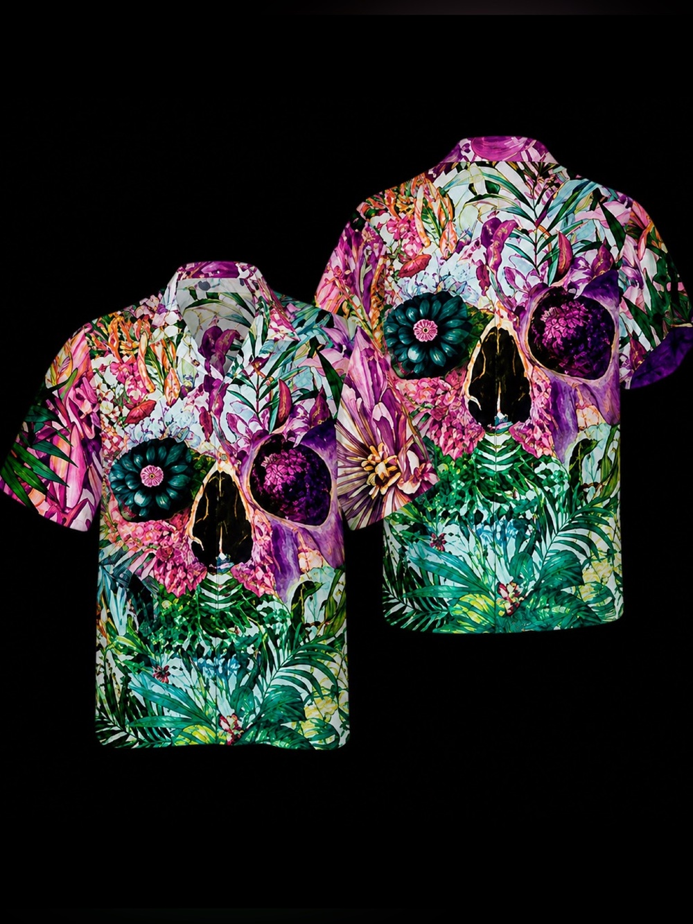 Men’s Hawaiian Skull Floral Button Down Shirt Size L Fun Hidden Skull Tropical